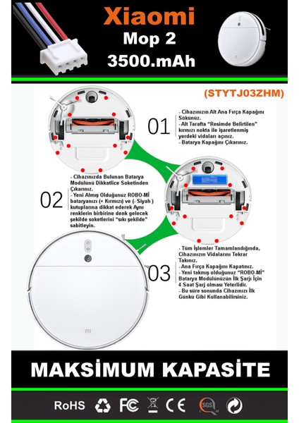 Xiaomi Mi Vacuum Mop 2 STYTJ03ZHM 3500mAh Robot Süpürge Bataryası - Yüksek Yoğunluklu Li-ion Hücre