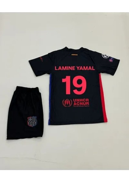 Barcelona Lamine Yamal Siyah Çocuk Tarftar Forma Takımı 4'lü Set Çorap+Bileklik Hediyeli