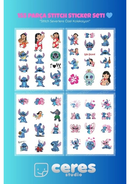 Stitch Temalı 155 Parça Sticker Seti - Kawaii Karakter Etiketleri Defter Laptop Telefon Için modelleri
