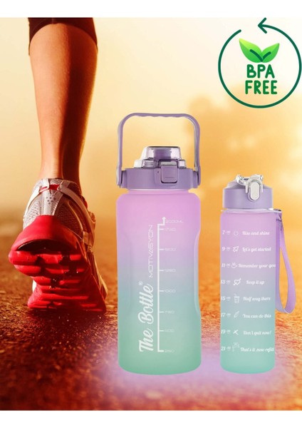 Motivasyonel 2li Pipetli Stickerlı Su Matarası Suluk 2lt 750ML Yavrulu Tritan Spor Salonu Su Şişesi