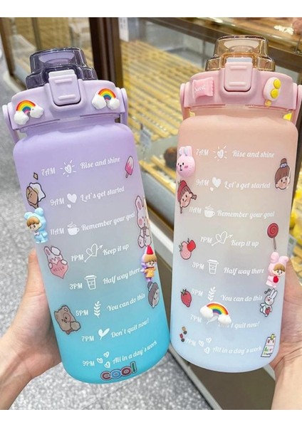Motivasyonel 2li Pipetli Stickerlı Su Matarası Suluk 2lt 750ML Yavrulu Tritan Spor Salonu Su Şişesi