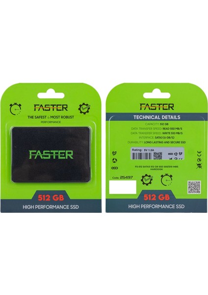 Faster FS-512 Sata3 512 GB SSD 550/510 Mb/s Uzun Ömürlü Harddisk (4887)