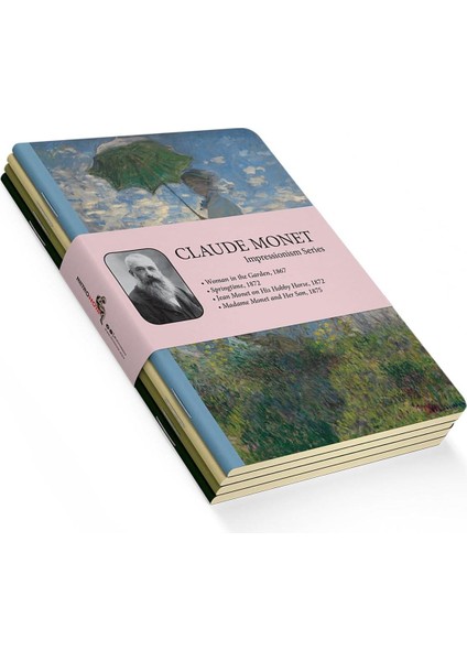 Impressionism Series - A5, Claude Monet 4'lü Defter Seti I, Çizgisiz, Toplam 256 Sayfa, Her Biri 64 Sayfa, Tel Dikiş, Esnek Kapak, Oval Kenar, Tuval Doku, 60 Gram, Sarı Krem Renk