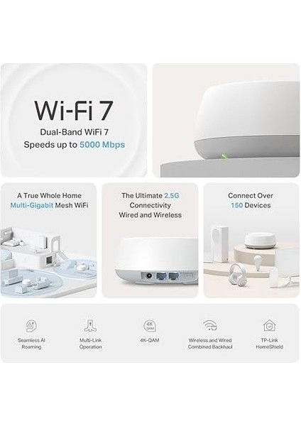 Deco BE25(2-PACK), BE3600 Mbps, 2× 2.5 Gbps Portlar, Aı Destekli Çoklu Işlem Kabiliyeti, 150 Cihaza Kadar Bağlanılabilirlik, Vpn, Wpa3, Dual-Band Wi-Fi 7 Mesh Sistemi