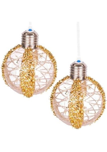Yılbaşı Topu Ampul LED Işıklı Simli Desenli 2'li Paket Gold 7 Cm.