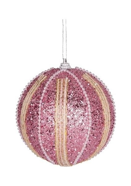 Yılbaşı Topu Şerit Inci Boncuk Figürlü 2'li Paket Pembe 9 Cm.