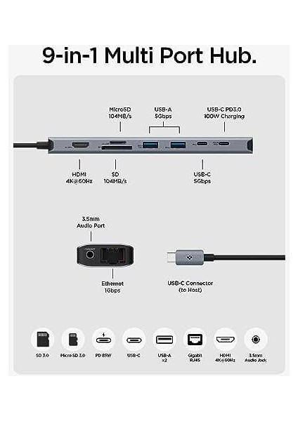 Arcdock 85W Güç Adaptörü 9in1 Usb-C Multi Hub / Çoklayıcı 9 Port / 4K 60hz / Ethernet 1gbps / MacBook PD2306 Space Gray - ACA06388
