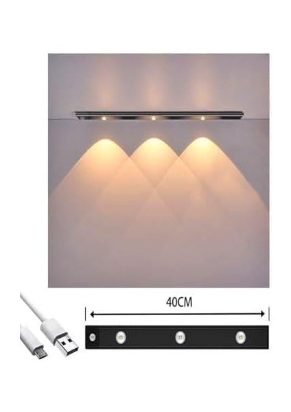 Geldi Sensörlü Şarjlı 3 Farklı Işık Renkli Dimmerli 40CM Siyah Cata Bella Ultra Slim Kabin LED