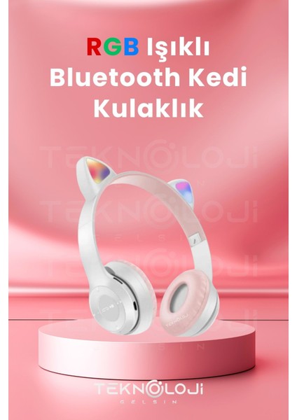 Kedi Kulaklık Kız Erkek Çocuk Kulaklığı Kulaküstü Işıklı Mikrofonlu Kablosuz Ingilizce Eğitim Klaklk