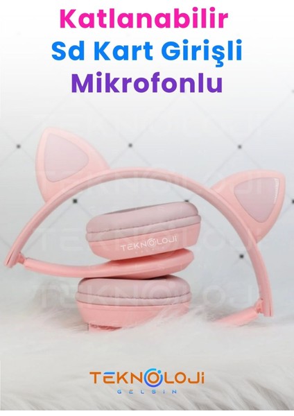Kedi Kulaklık Kız Erkek Çocuk Kulaklığı Kulaküstü Işıklı Mikrofonlu Kablosuz Ingilizce Eğitim Klaklk