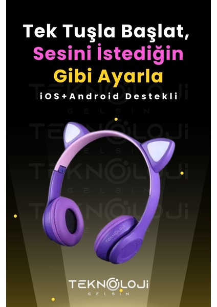 Kedi Kulaklık Kız Erkek Çocuk Kulaklığı Kulaküstü Işıklı Mikrofonlu Kablosuz Ingilizce Eğitim Klaklk