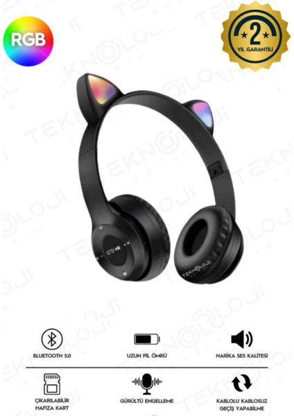 Kedi Kulaklık Kız Erkek Çocuk Kulaklığı Kulaküstü Işıklı Mikrofonlu Kablosuz Ingilizce Eğitim Klaklk