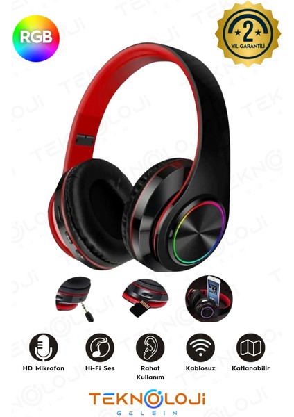 Kablosuz Kulaklık Bluetooth Mikrofonlu Kulaküstü Kulaklık LED Işıklı Katlanabilir Siyah-Kırmızı