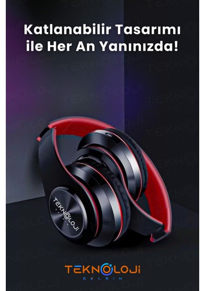 Kablosuz Kulaklık Bluetooth Mikrofonlu Kulaküstü Kulaklık LED Işıklı Katlanabilir Siyah-Kırmızı