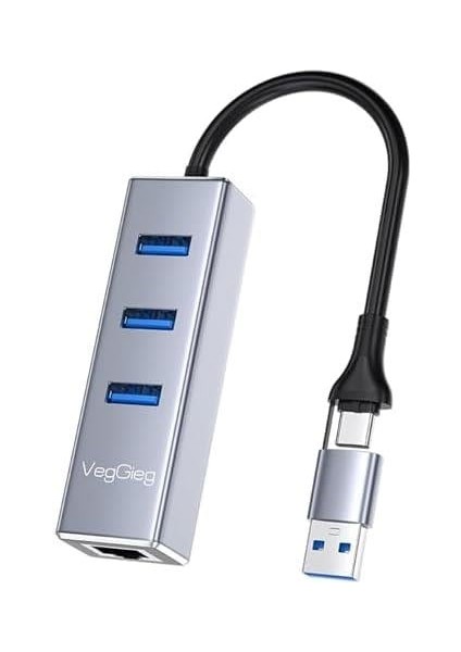 USB ve Type-C Gigabit Ethernet Adaptörü 3 Port USB 3.0 Çoklayıcı Hub