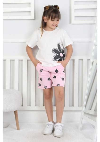 Isob Ekru Pembe Papatya Desenli %100 Pamuk Kız Çocuk Kısa Kollu 2ip Şortlu Takım 3-8 Yaş 33106-P