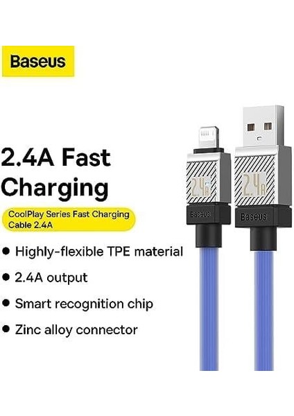 Coolplay Serisi Hızlı Şarj Kablosu USB To Ip 2.4A, 1m, Mavi