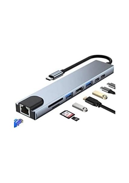 8in1 USB Type-C Hub Port Adaptör HDMI USB Ethernet Pd Girişli, Gri