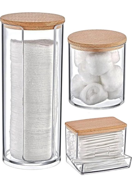 Ahşap Kapaklı 3'lü Organizer Set, Modern Pamukluk Düzenleyici Şık 3'lü Pamukluk Set - Şık ve Fonksiyonel Ahşap Kapaklı 3'lü Organizer Set - Mutfak ve Banyonuzu Düzenleyin!
