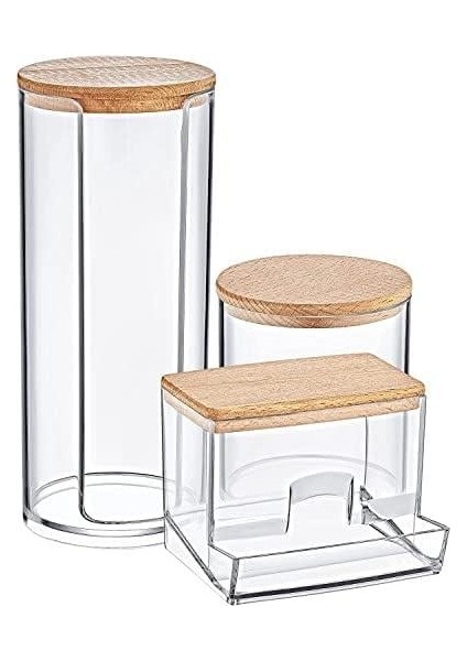 Ahşap Kapaklı 3'lü Organizer Set, Modern Pamukluk Düzenleyici Şık 3'lü Pamukluk Set - Şık ve Fonksiyonel Ahşap Kapaklı 3'lü Organizer Set - Mutfak ve Banyonuzu Düzenleyin!