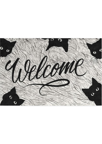 Tasarımlı Dekoratif Kapı Önü Paspas, Dış Mekan/ev Içi/banyo/mutfak/yatak Odası/giriş Paspasları (Siyah Kediler Welcome, 45X70)