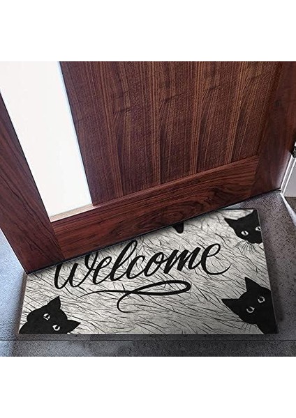 Tasarımlı Dekoratif Kapı Önü Paspas, Dış Mekan/ev Içi/banyo/mutfak/yatak Odası/giriş Paspasları (Siyah Kediler Welcome, 45X70)
