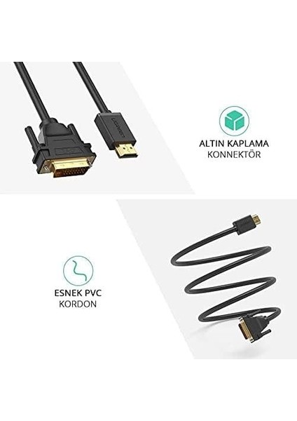 HDMI DVI 1080P Çift Yönlü Görüntü Aktarma Kablosu, 1.5 Metre