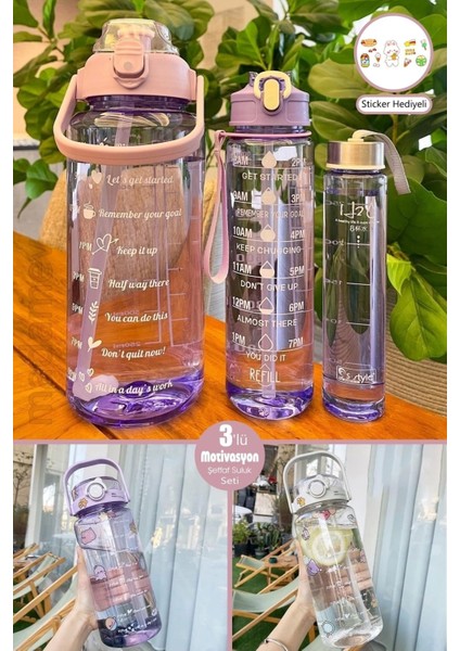 3lü Şeffaf Motivasyon Kokusuz Stickerlı Spor Suluk Matara Pipetli Taşınabilir Su Şişesi Soft Purple fiyatları