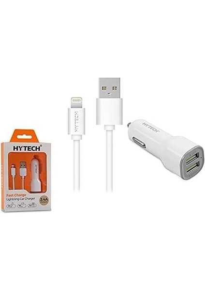 HY-X44 3.4A Hızlı Şarj iPhone Lightning Kablolu 2 USB Araç Şarj Cihazı, Beyaz