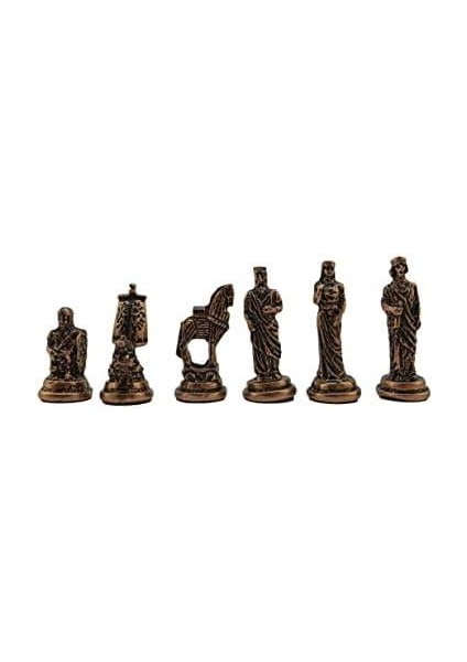 Orta Boy Metal Truva-Sparta Satranç Takımı Antik ve Rustik Desenli Sandıklı Mdf Tahtası (36X36X6 Cm.)