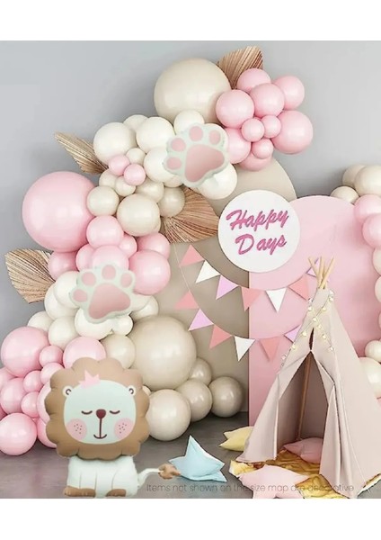 Mat Aslan Pençe Pembe Retro Beyaz Balon Garland Seti Doğum Günü Parti Seti Süsü