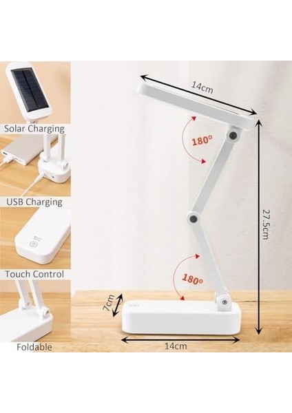 Güneş Enerjili Solar Masa Lambası, 3 Modlu, Işık Gücünü Kısabilme ve Açabilme USB Şarj Edilebilir Taşınabilir Esnek Kaz Boynu 8led Kitap Okuma Aydınlatması, Yatak Başı Okuma Lambaları