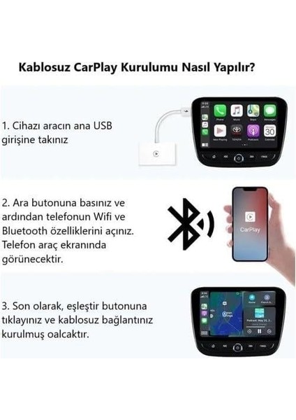 Araç Içi Apple Cihazlar Ile Uyumlu Kablosuz Carplay Adaptörü Wireless Carplay Çevirici Siyah