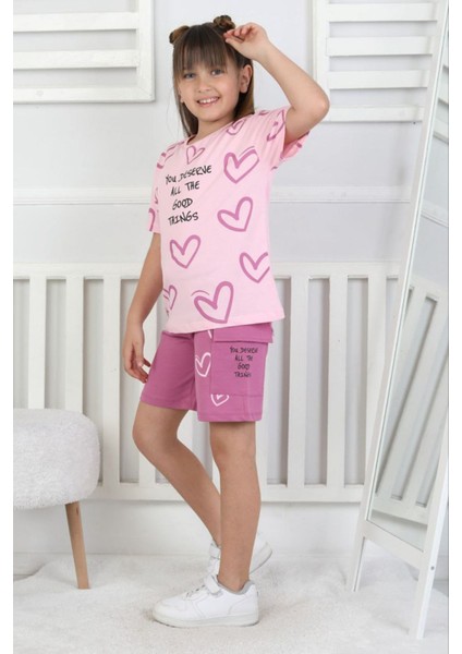 Isob Pembe Kalp Desenli %100 Pamuk Kız Çocuk Kısa Kollu 2ip Şortlu Takım 3-8 Yaş 33105-P