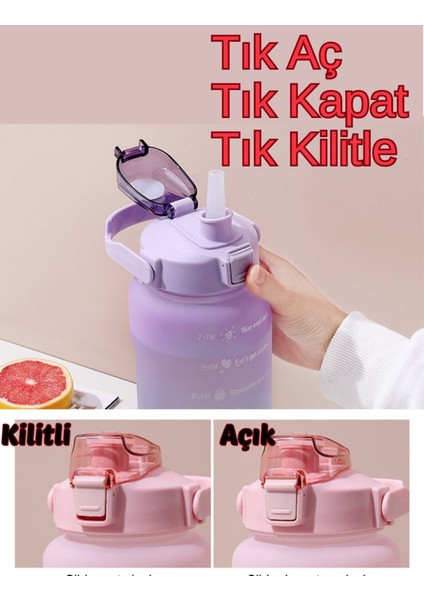 Motivasyonel 2li Pipetli Stickerlı Su Matarası Suluk 2lt 750ML Yavrulu Tritan Spor Salonu Su Şişesi