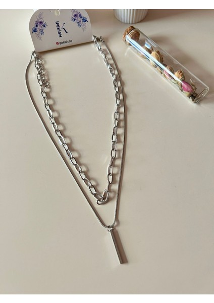 2’li Kalın Zincir & Çubuk Figürlü Silver Unisex Kolye Seti – Ayarlanabilir Takım