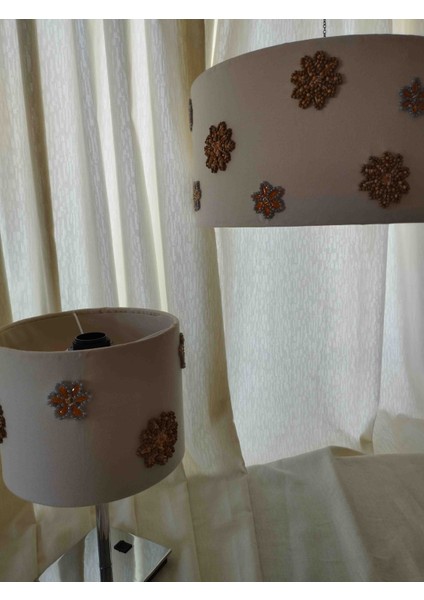 Çiçek Desenli Abajur - Krem - Organik & El Yapımı