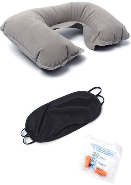 Üçlü Seyahat Seti Boyun Tipi Ortopedik Şişme Yastık + Kaymayan Göz Bandı + Kulak Tıkacı
