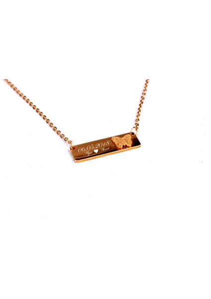 Kelebek Ahşap Kutulu Kişiye Özel Isim Kazımalı Kelebek Gold Kolye