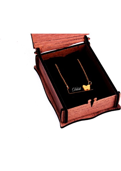Kelebek Ahşap Kutulu Kişiye Özel Isim Kazımalı Kelebek Gold Kolye modelleri