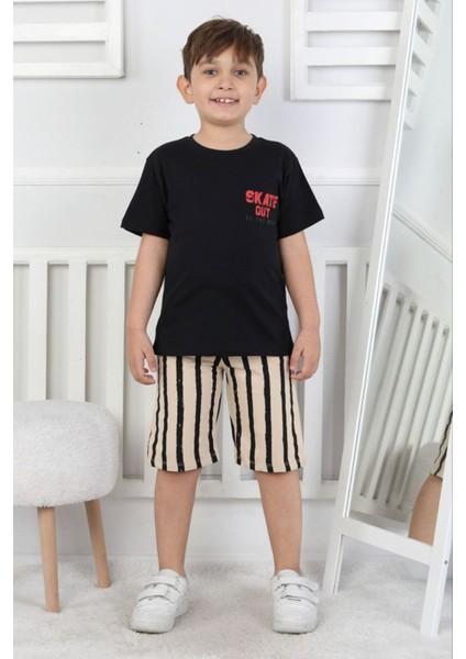Isob Siyah Çizgi Desenli %100 Pamuk Erkek Çocuk Kısa Kollu Şortlu Takım 3-8 Yaş 24414-S