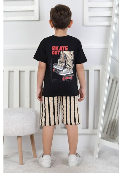 Isob Siyah Çizgi Desenli %100 Pamuk Erkek Çocuk Kısa Kollu Şortlu Takım 3-8 Yaş 24414-S fiyatları