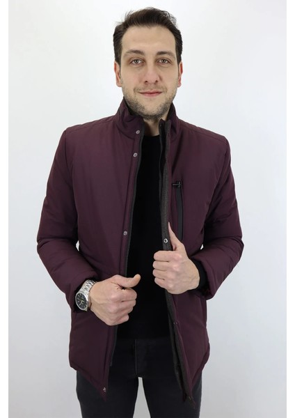 Fistan Store Erkek Bordo Hakim Yaka Rahat Kesim Fermuar ve Çıtçıt Kapamalı Kışlık Şişme Mont