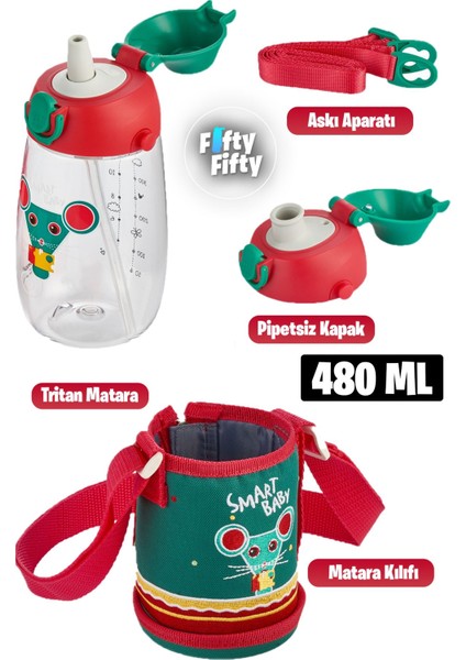 480ML Kılıflı 2 Ayrı Kapaklı Pipetli-Pipetsiz Tritan Çocuk Su Matarası