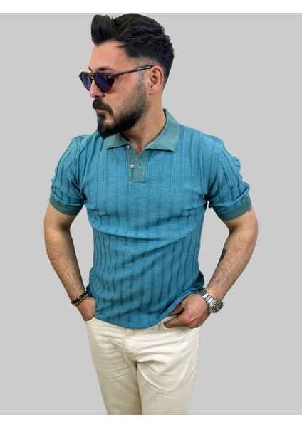 Erkek Çizgili Slim Fit Polo Yaka Mavi Triko Tişört