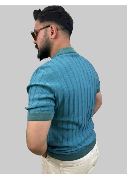 Erkek Çizgili Slim Fit Polo Yaka Mavi Triko Tişört fiyatları