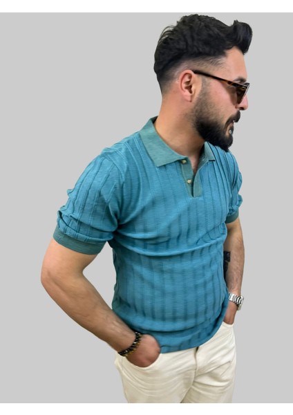Erkek Çizgili Slim Fit Polo Yaka Mavi Triko Tişört fırsatları
