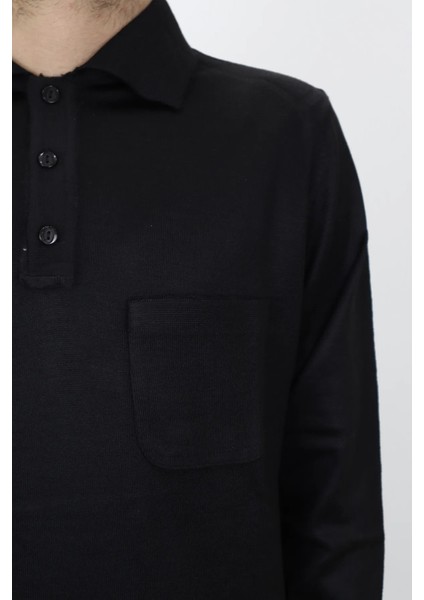 Fistan Store Erkek Polo Yaka Klasik Kesim Tek Cep Çelik Örgü Kışlık Ince Yün Kazak
