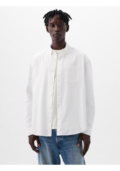 Erkek Beyaz Gap Logo Oversize Oxford Gömlek