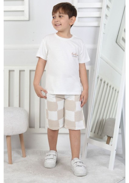 Isob Bej Dalga Desenli %100 Pamuk Erkek Çocuk Kısa Kollu 2ip Şortlu Takım 3-8 Yaş 24413-B